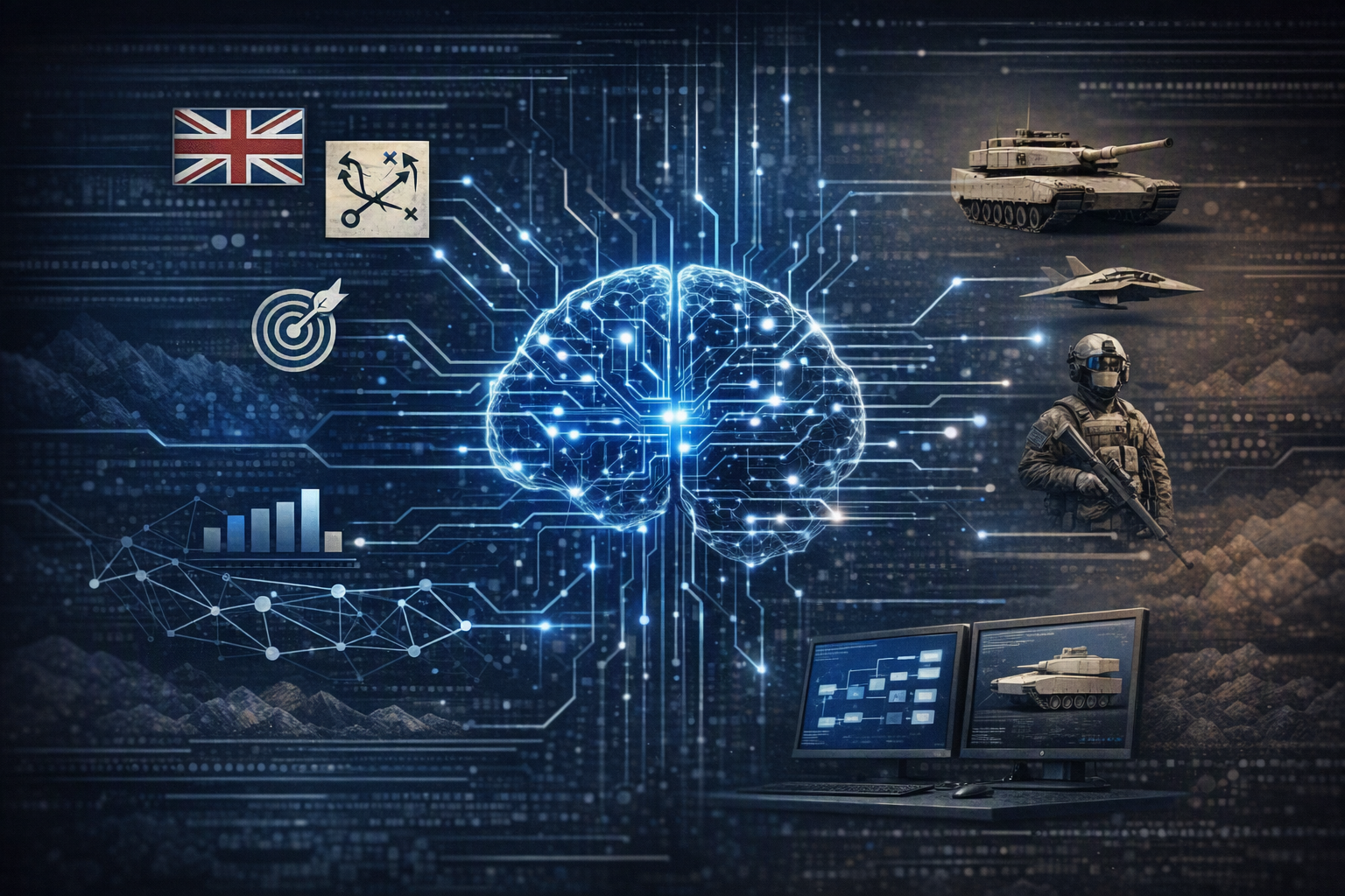 A man with a UAV control panel in his hands, a drone flying above the tank in the background in nature. help of reconnaissance drones in modern warfare.