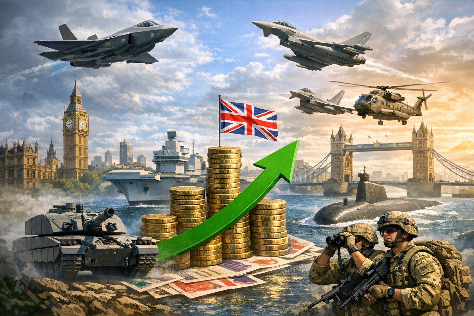 UK Defence Spending Visual A man with a UAV control panel in his hands, a drone flying above the tank in the background in nature. help of reconnaissance drones in modern warfare.